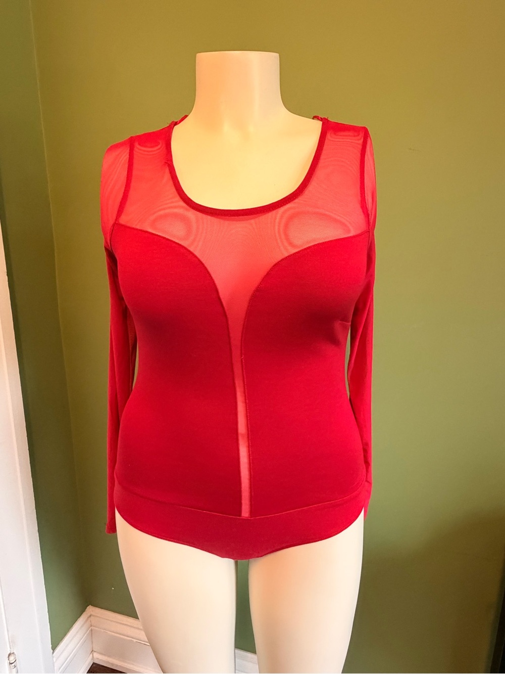 Women's Red Mesh Panel Long-Sleeve Top